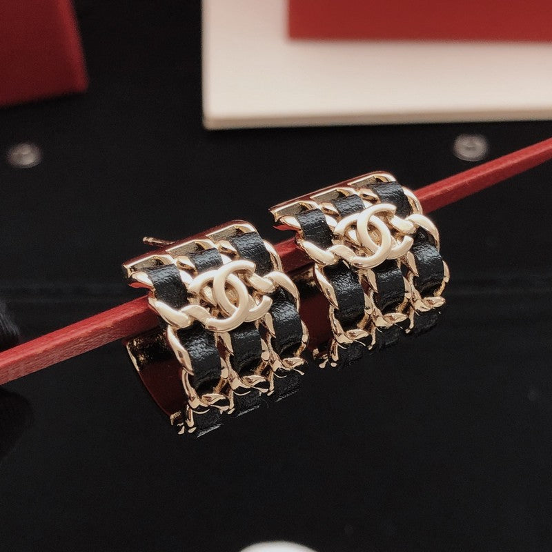 18K Chanel Leather Gold Circle Earrings