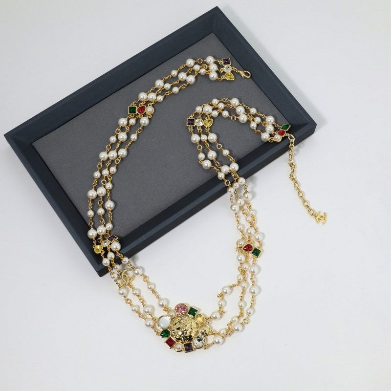 18K Chanel Color Crystal Long Pearl Necklace