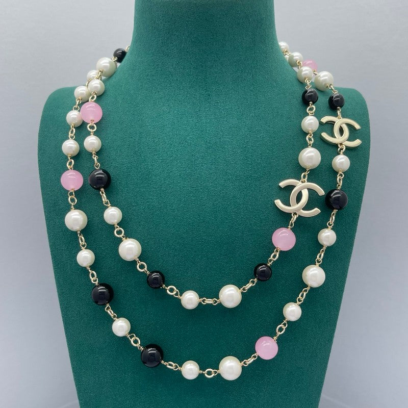 18K Chanel Black & Pink Bead Long Necklace