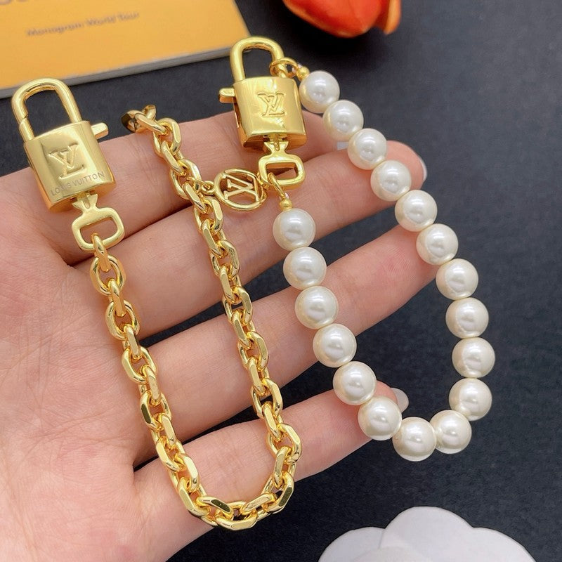 18K Louis Vuitton Pearl & Gold Chain Bracelet Set