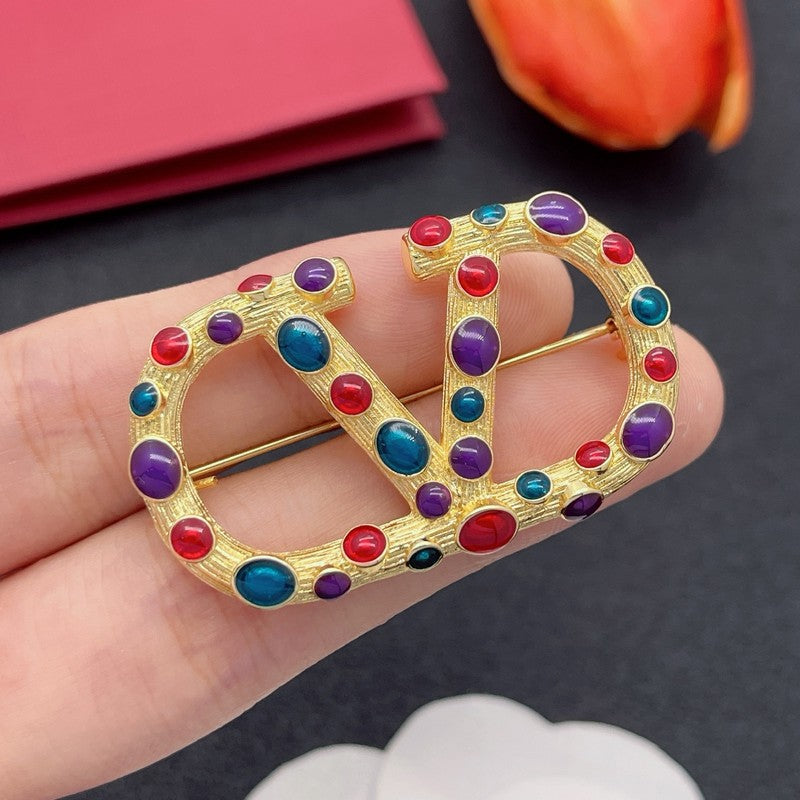 18K Valentino Vlogo Color Crystal Brooch