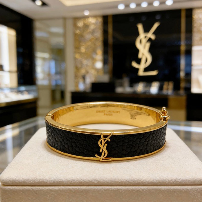18K YSL Black Leather Gold Bracelet