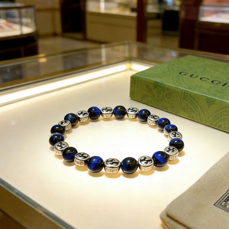 18K Gucci Anger Forest Blue Tiger's Eye Bead Chain Bracelet