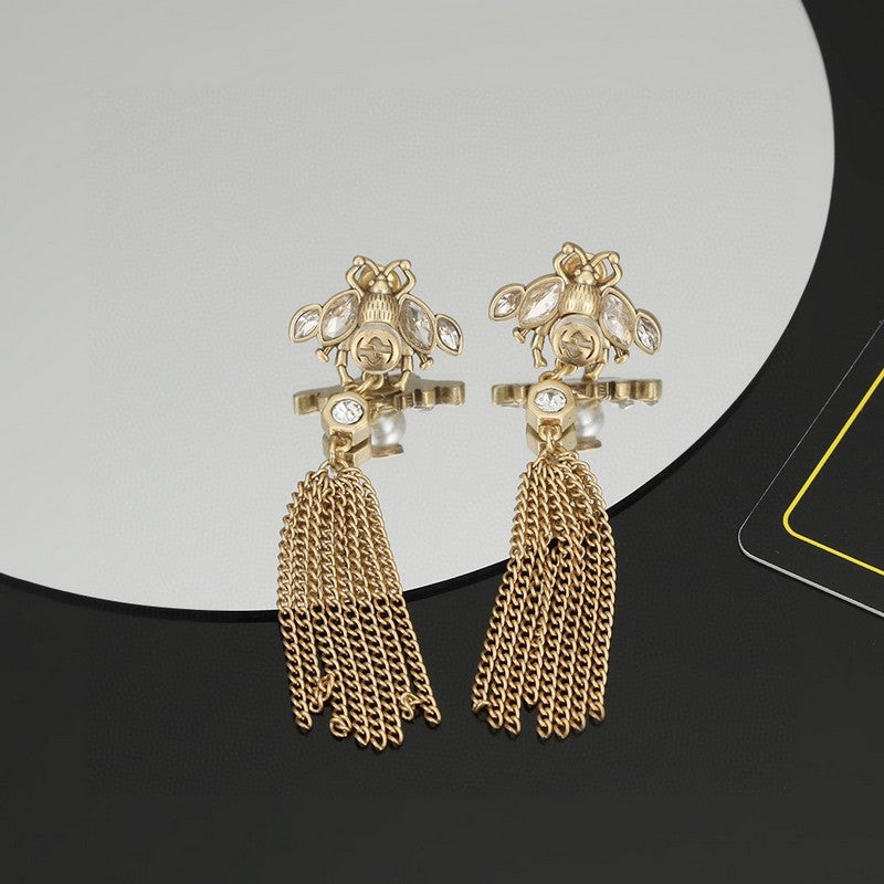 18K Gucci Bee Tassel Crystal Earrings