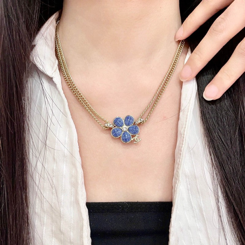 18K Chanel Blue Gold Camellia Chain Necklace