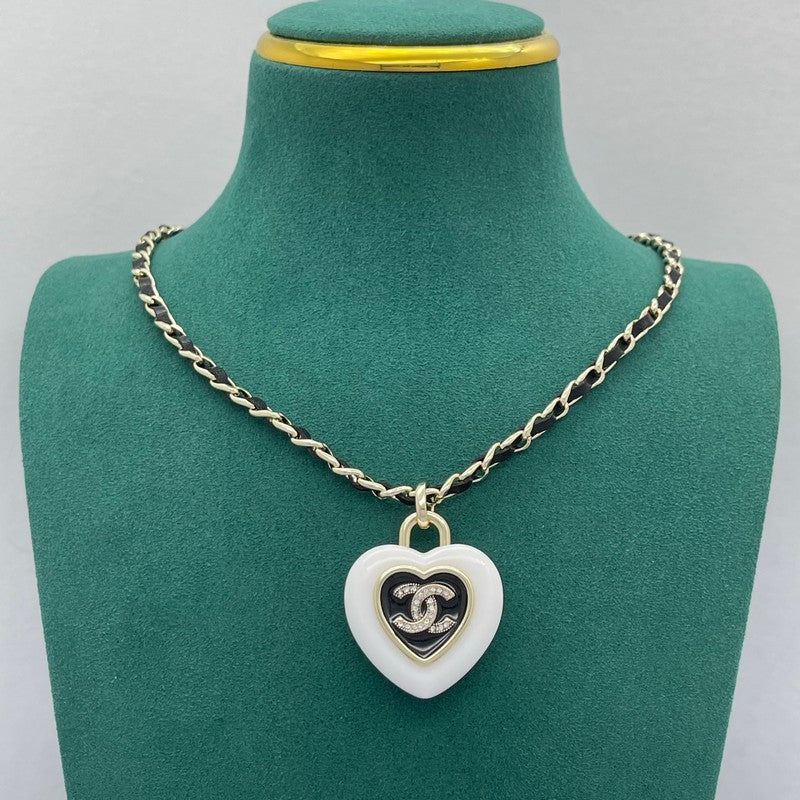 18K Chanel Black & White Heart Leather Necklace
