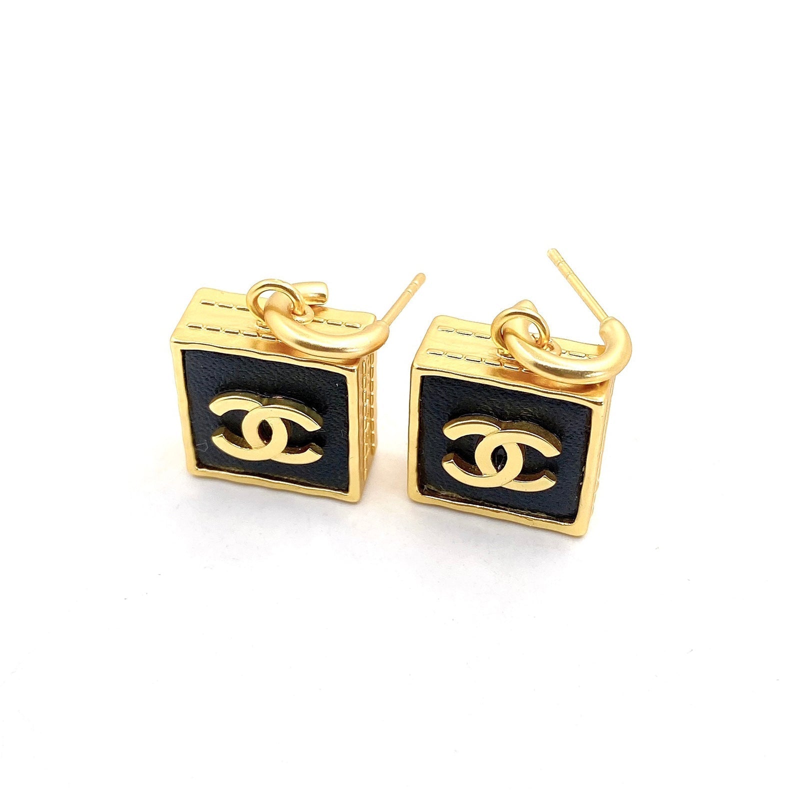 18K Chanel Black Bag Pendant Earrings