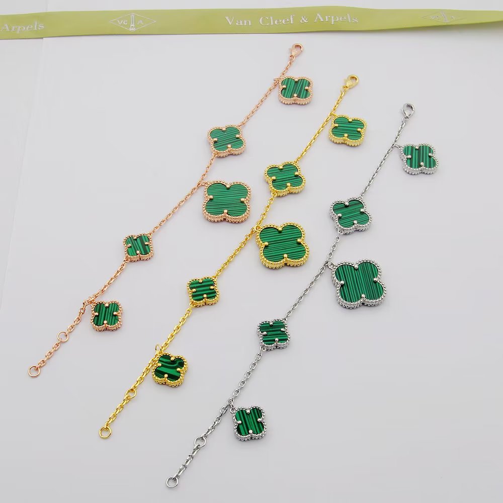 18K Van Cleef & Arpels Magic Alhambra Five Malachite Motifs Clover Bracelet