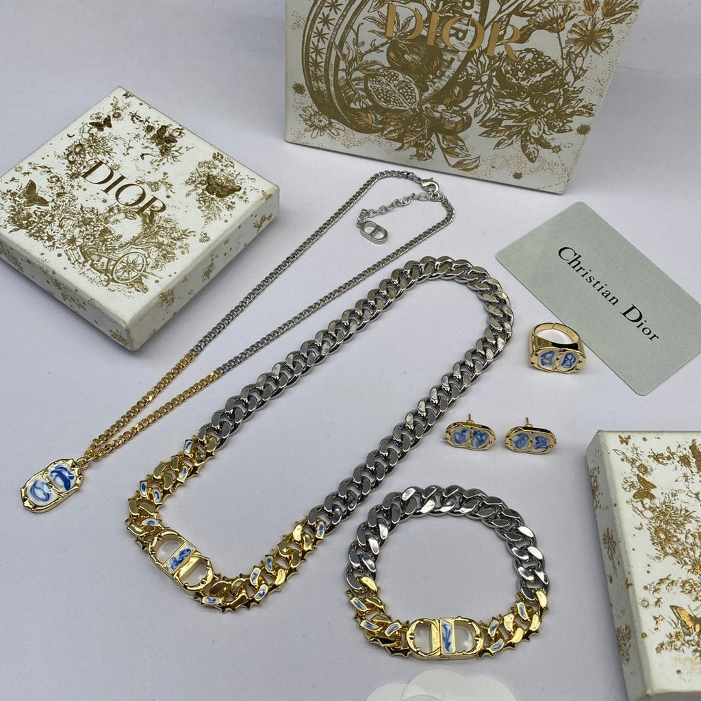 18K Dior Icon Chain Link Blue White Resin Bracelet