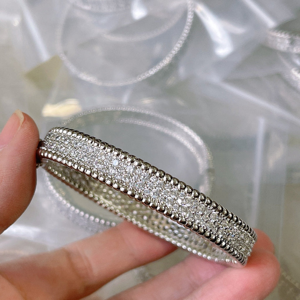 18K Van Cleef & Arpels White Gold Perlee Diamonds Three Rows Bracelet