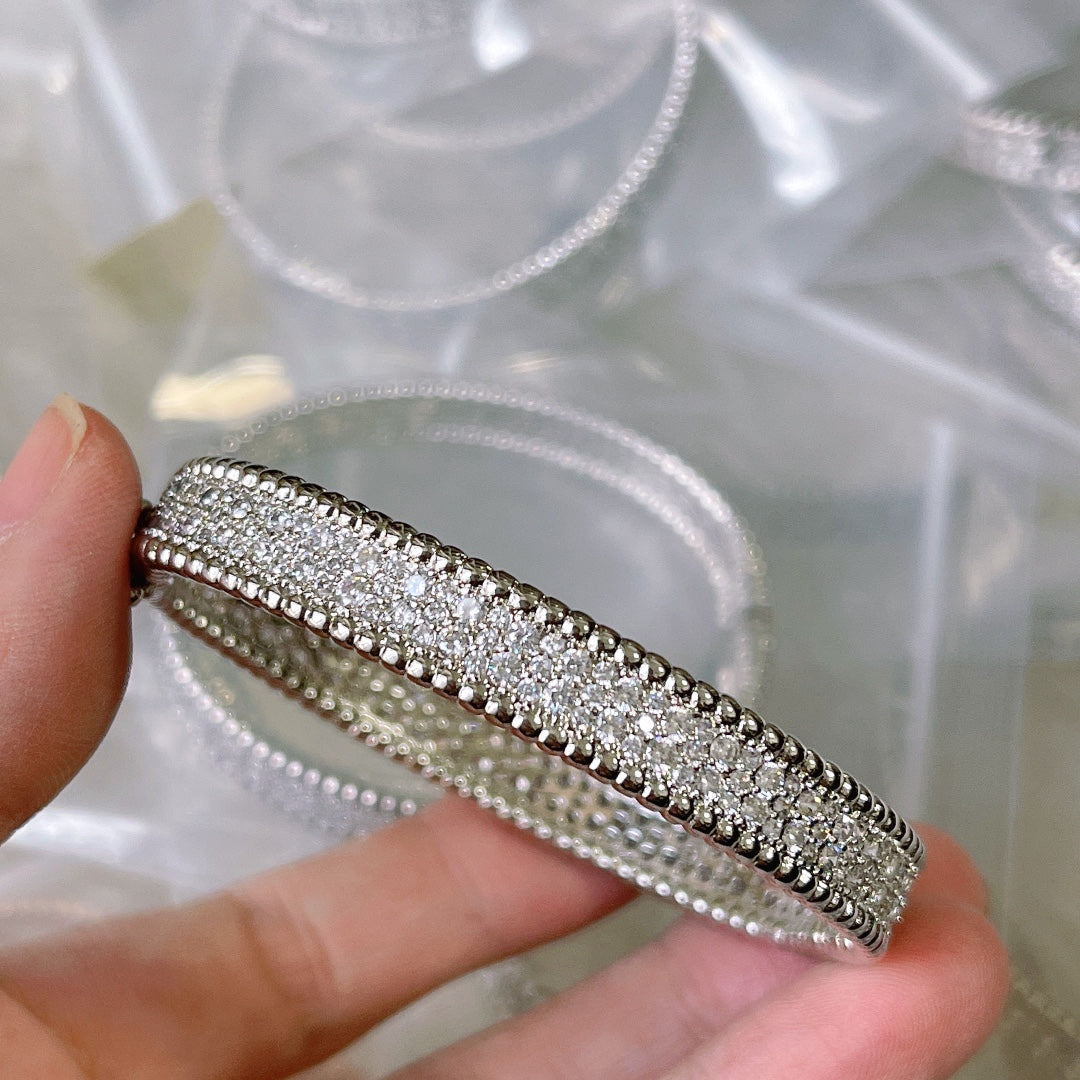 18K Van Cleef & Arpels White Gold Perlee Diamonds Three Rows Bracelet