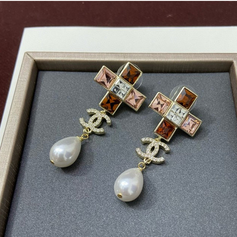 18K Chanel Red Cross Pearl Pendant Earrings
