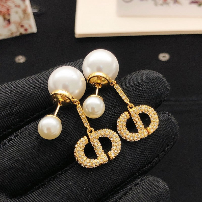 18K Dior Pave Diamond Pearl Earrings