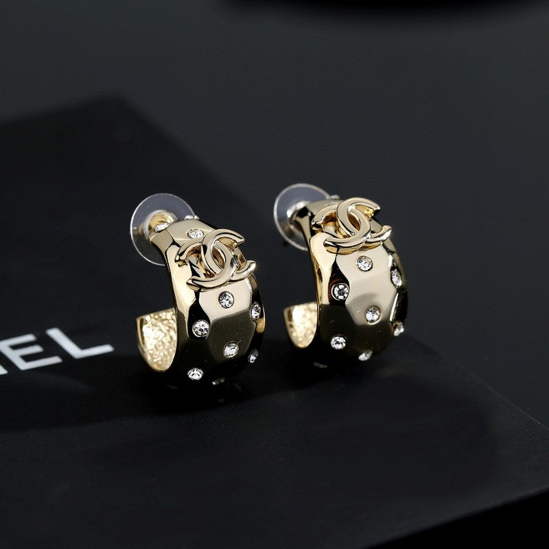 18K Chanel Half Circle Diamond Gold Earrings