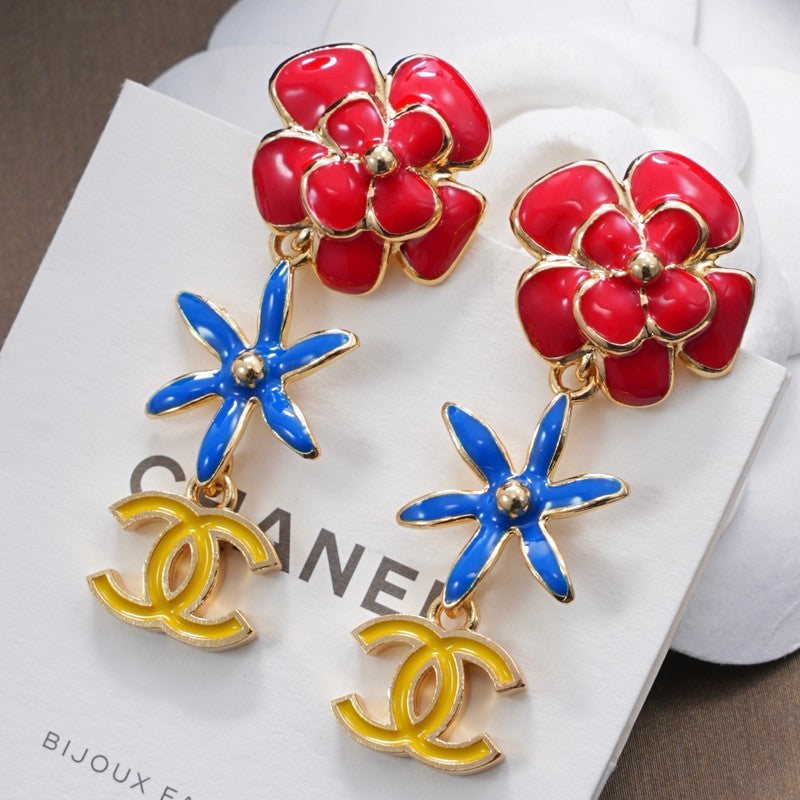 18K Chanel Blue & Red Flower Gold Earrings