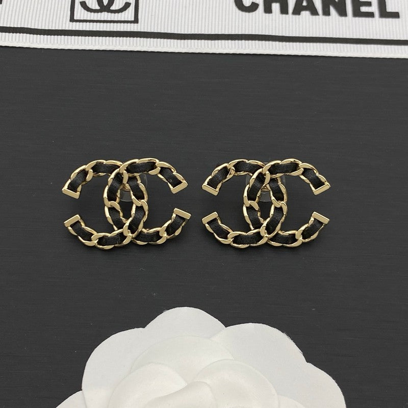 18K Chanel Black Leather Gold Earrings