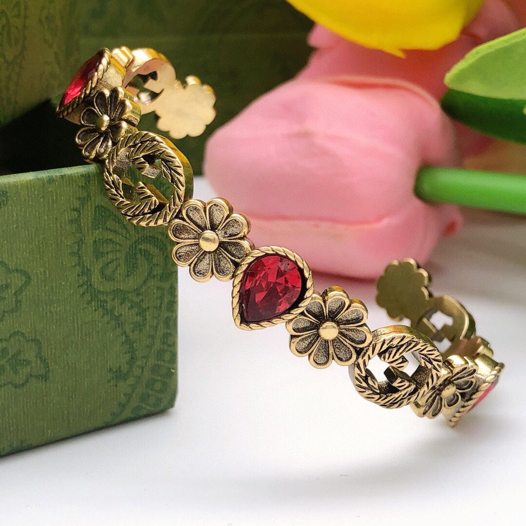 18K Gucci Flowers Red Crystals Open Cuff Bracelet