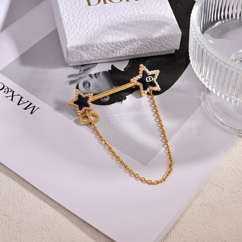 18K Dior Black Star Gold Chain Brooch