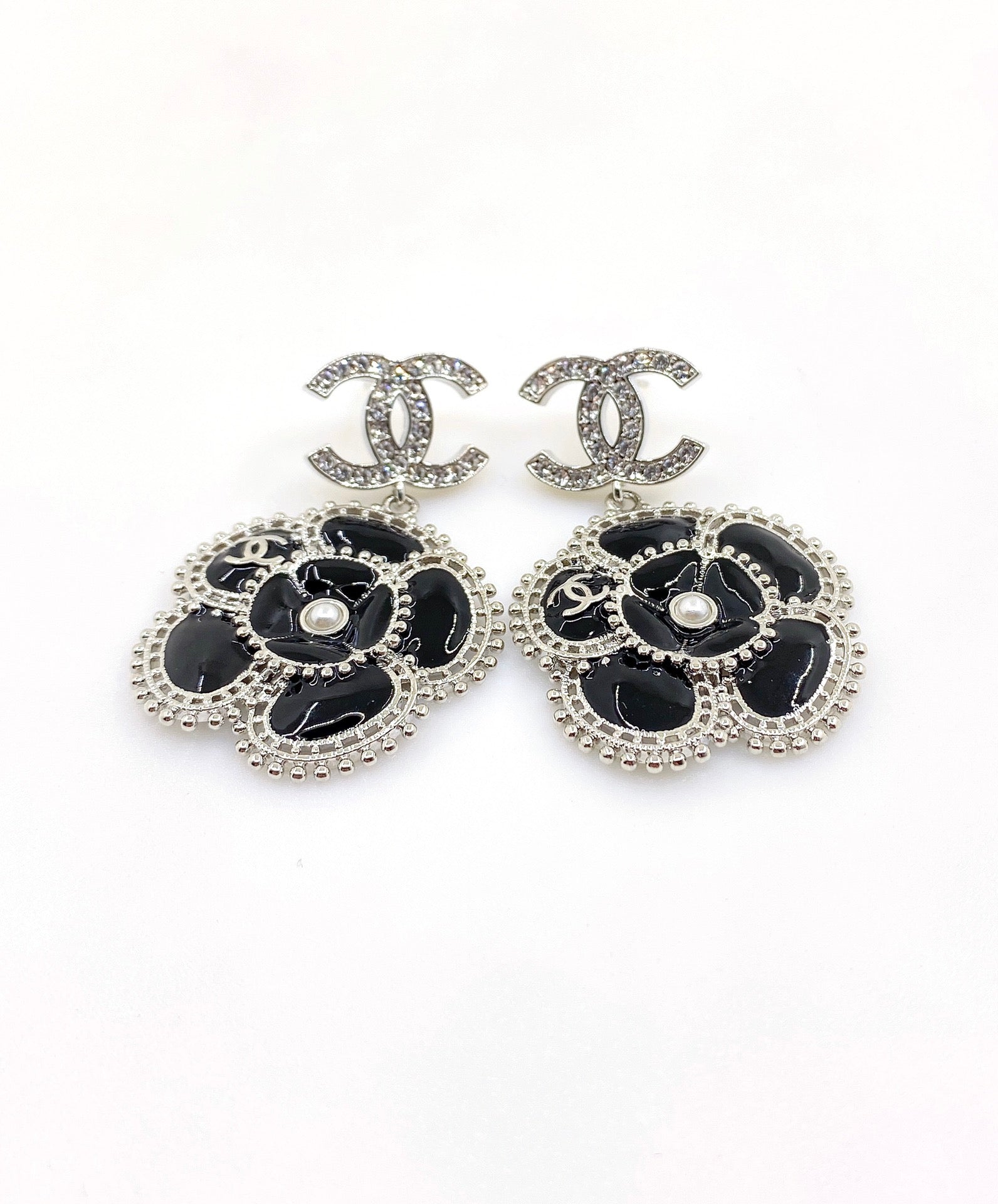 18K Chanel Black Pearl Camellia Earrings