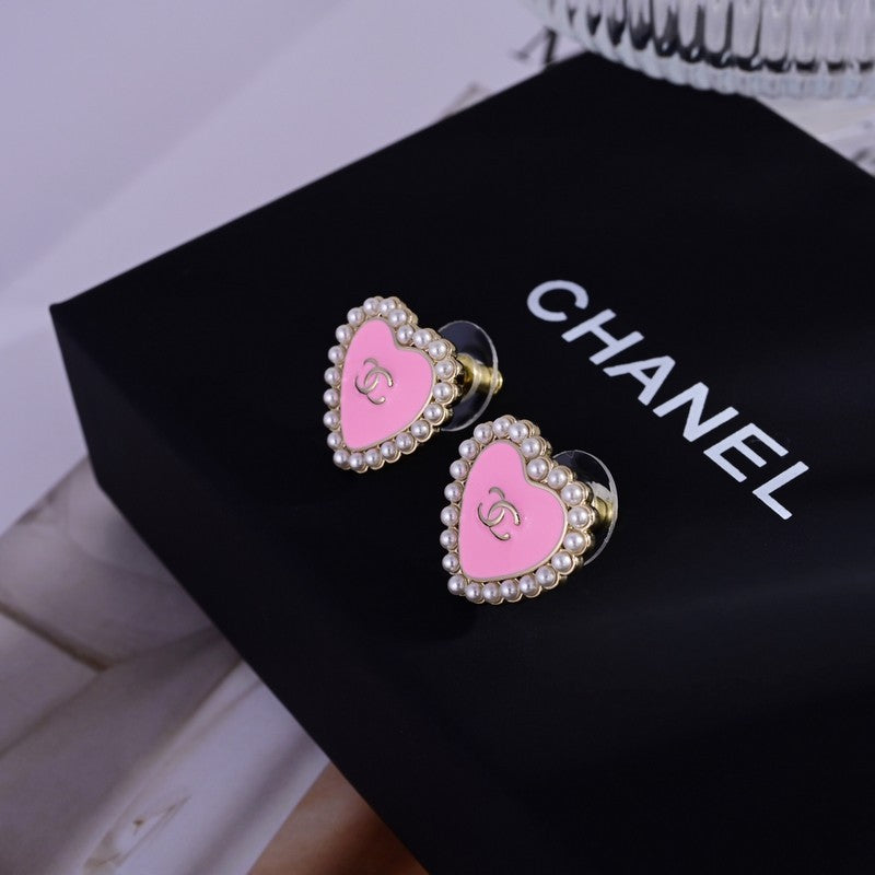 18K Chanel Pink Heart Pearl Earrings