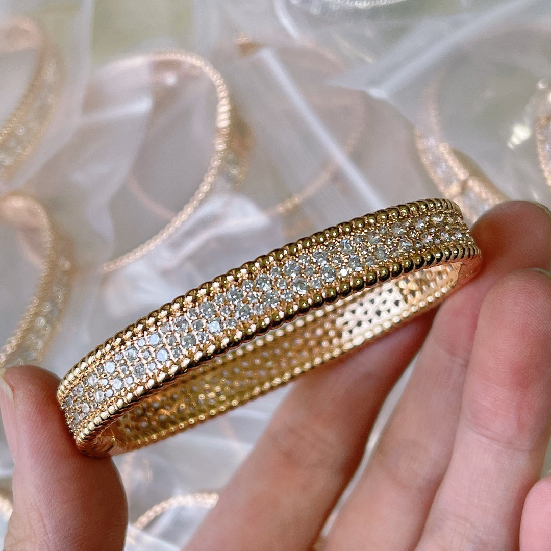 18K Van Cleef & Arpels Rose Gold Perlee Diamonds Three Rows Bracelet