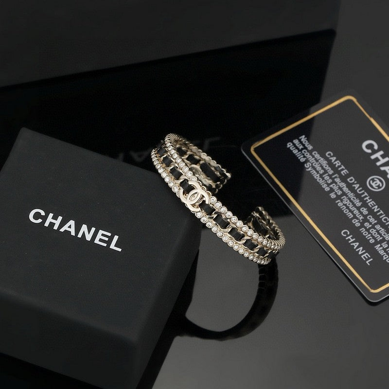 18K Chanel Black Leather Open Cuff Bracelet