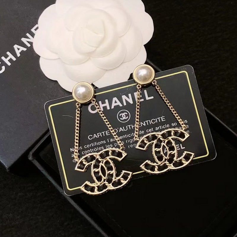 18K Chanel Pearl Gold Chain Earrings