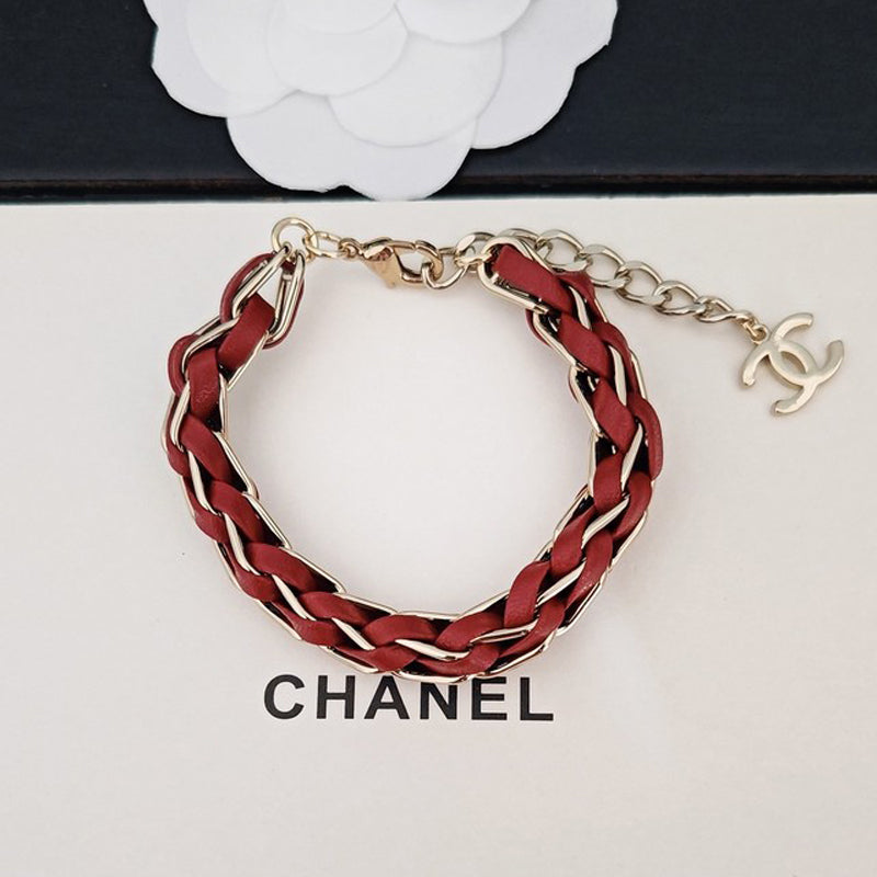 18K Chanel Red Leather Gold Chain Bracelet
