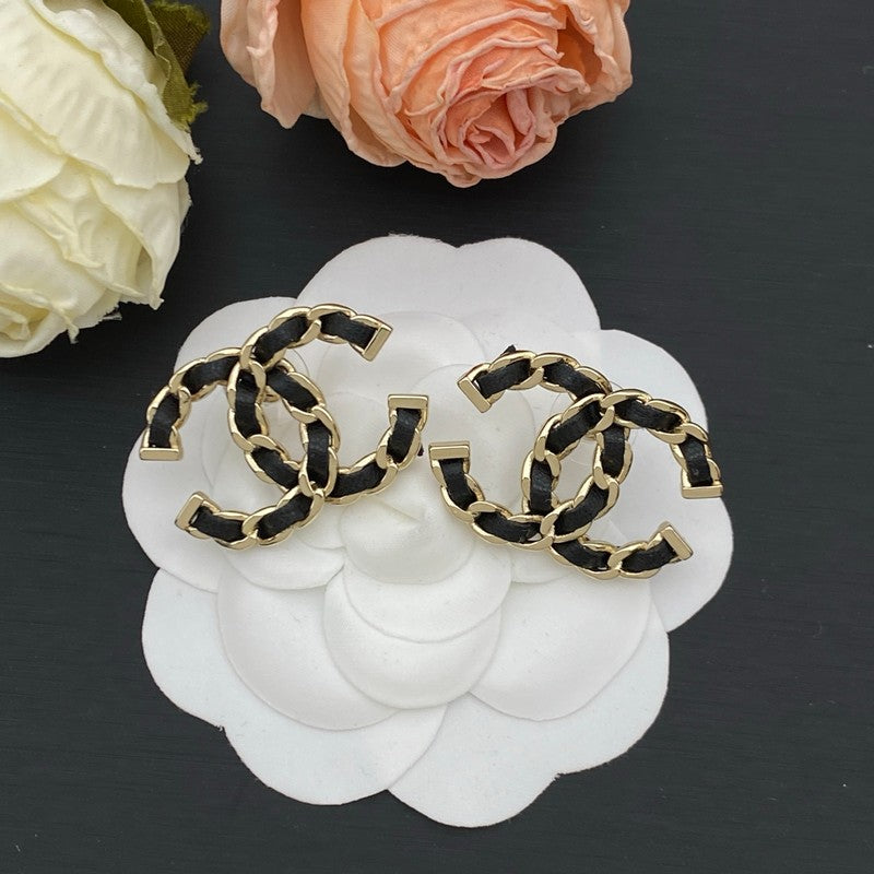 18K Chanel Black Leather Gold Earrings