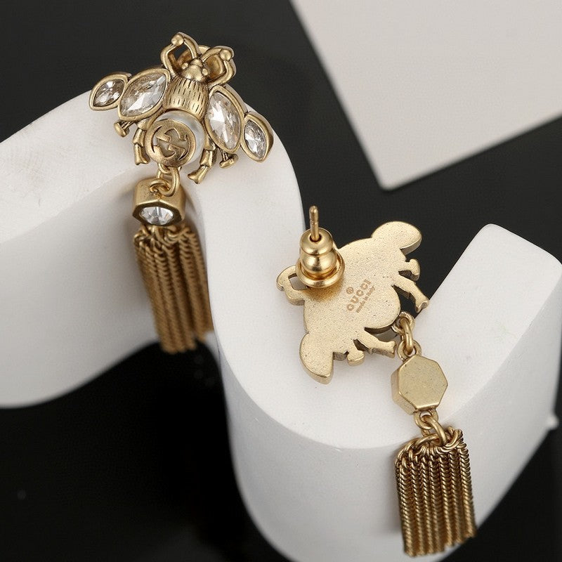 18K Gucci Bee Tassel Crystal Earrings
