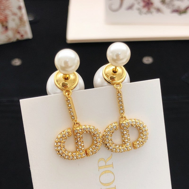 18K Dior Pave Diamond Pearl Earrings