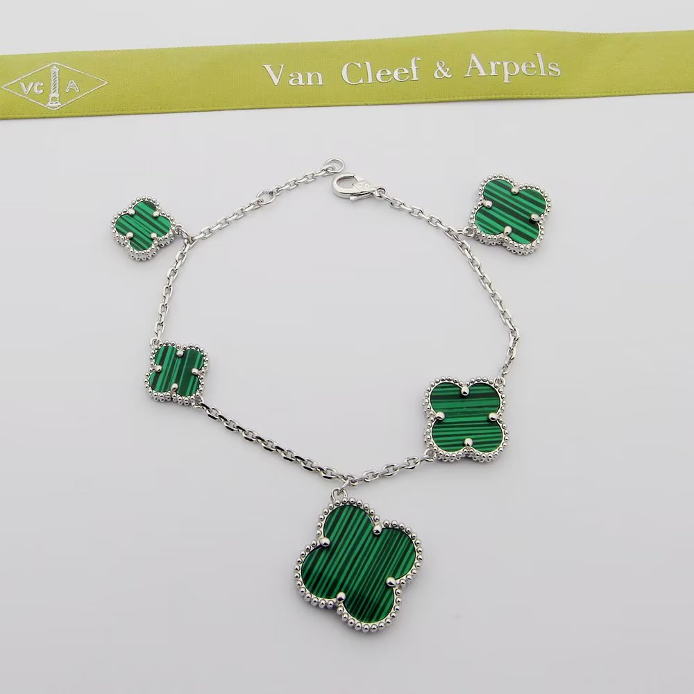 18K Van Cleef & Arpels Magic Alhambra Five Malachite Motifs Clover Bracelet