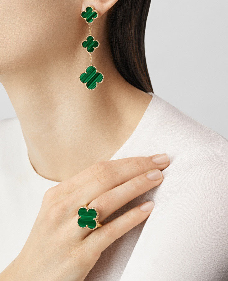 18K Van Cleef & Arpels Magic Alhambra Three Malachite Motifs Clover Earrings