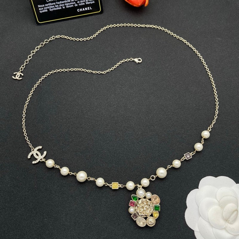 18K Chanel Color Crystal Pearl Chain Necklace
