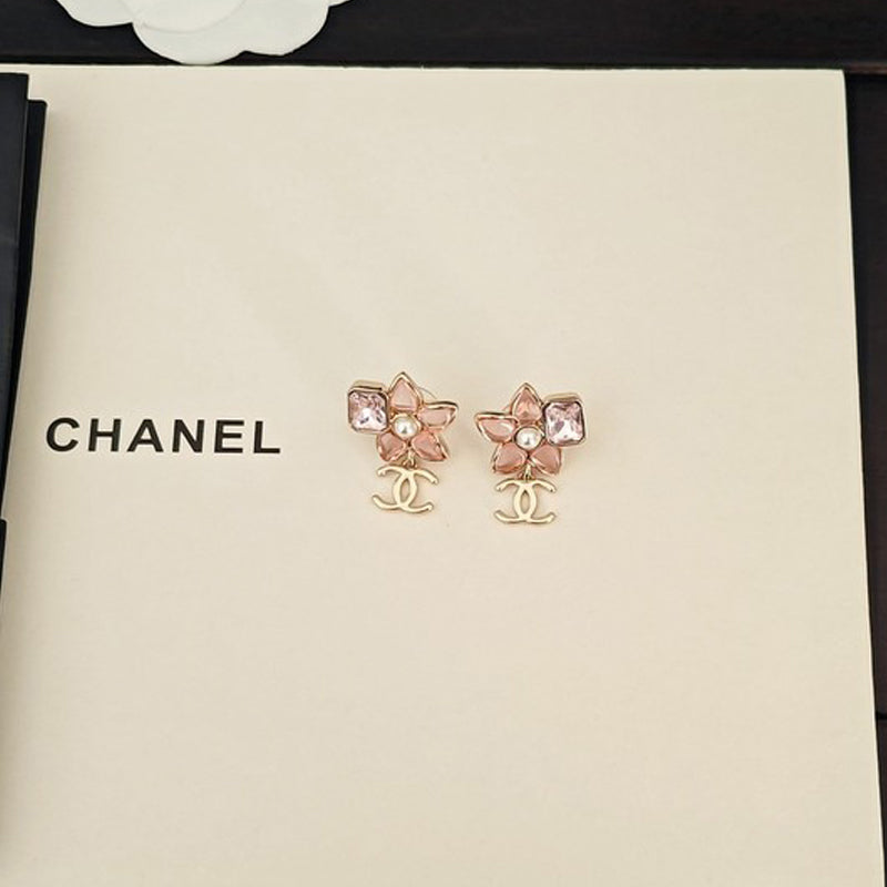 18K Chanel Pink Crystal Flower Drop Earrings