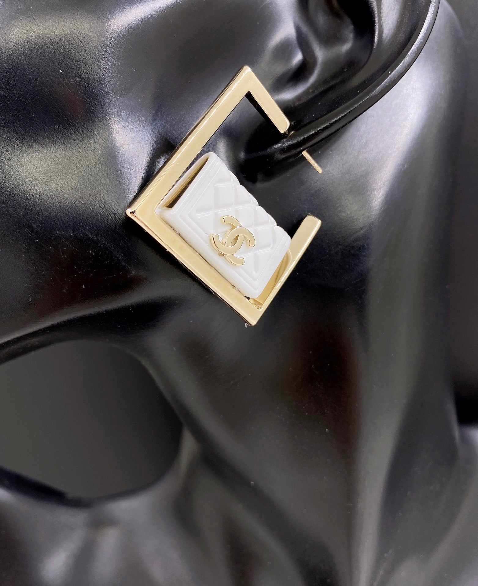18K Chanel White Bag Pendant Earrings