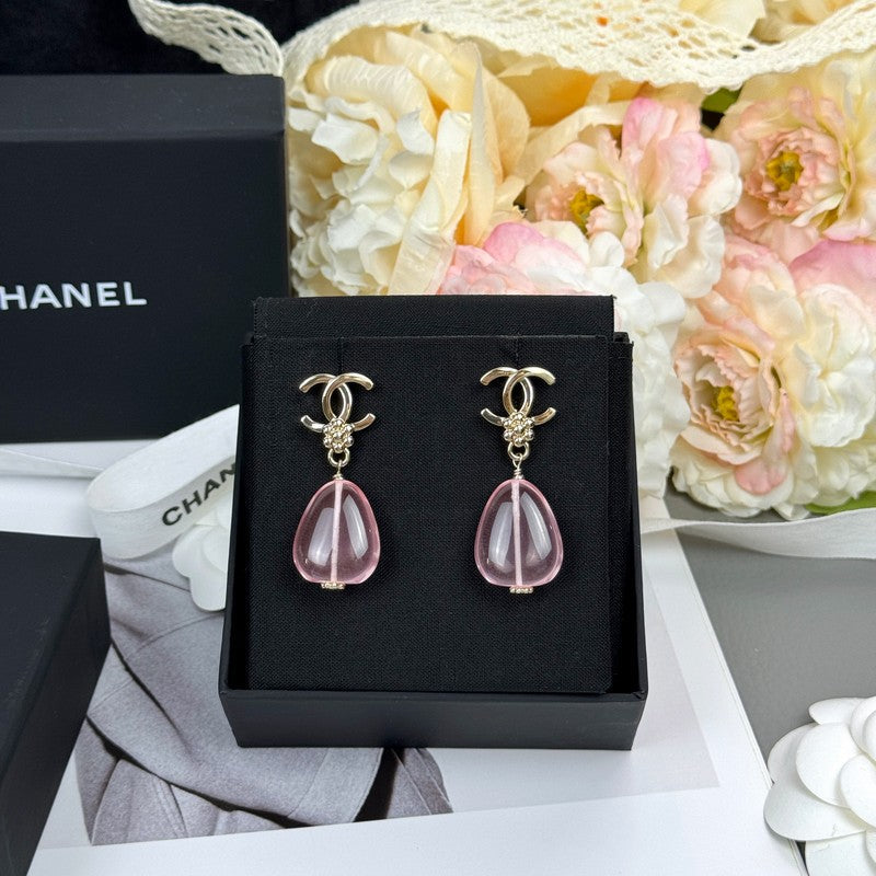 18K Chanel 26C Pink Crystal Gold Earrings