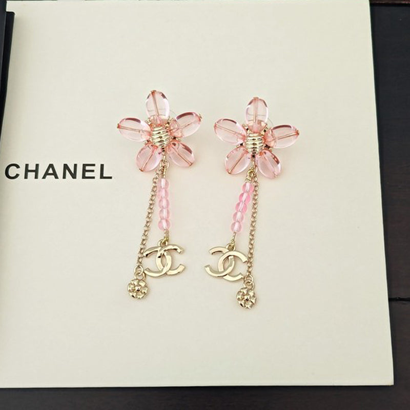 18K Chanel Pink Crystal Flower Gold Earrings