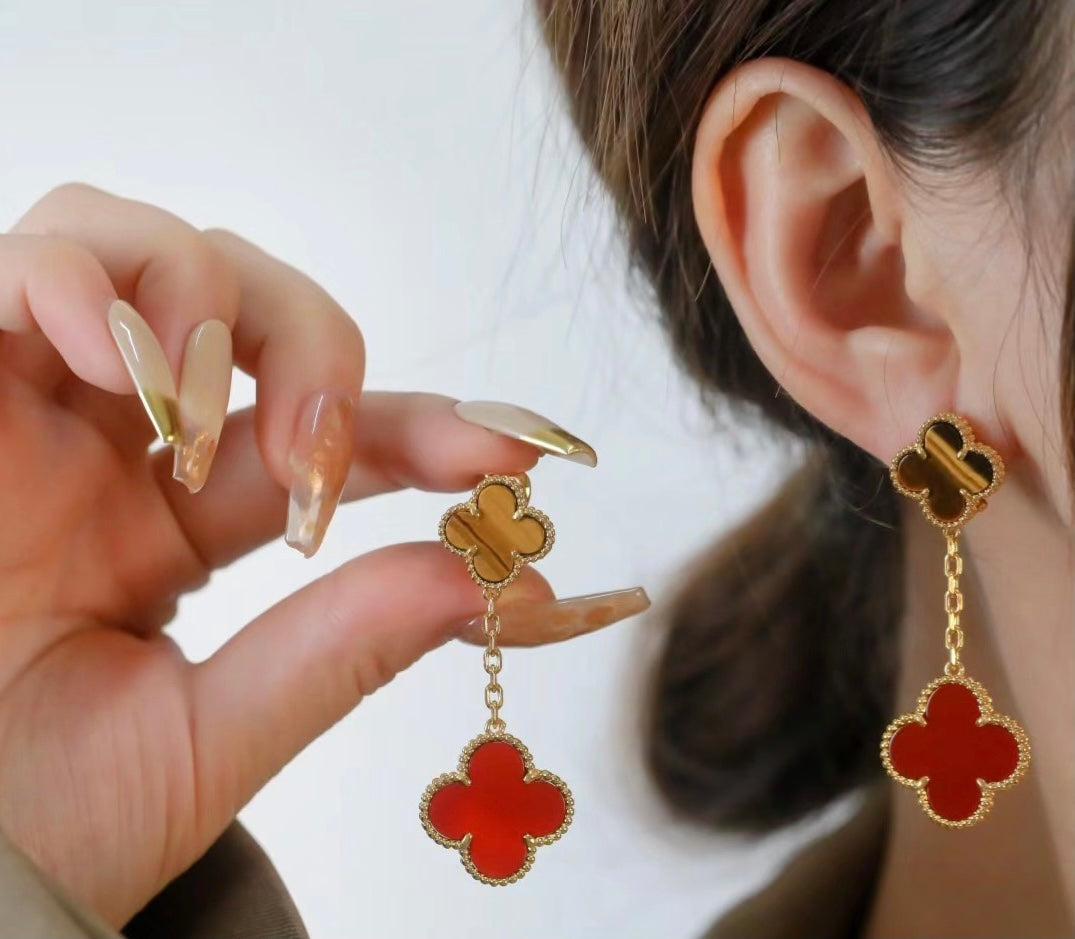 18K Van Cleef & Arpels Magic Alhambra Carnelian & Tiger Eye Earrings