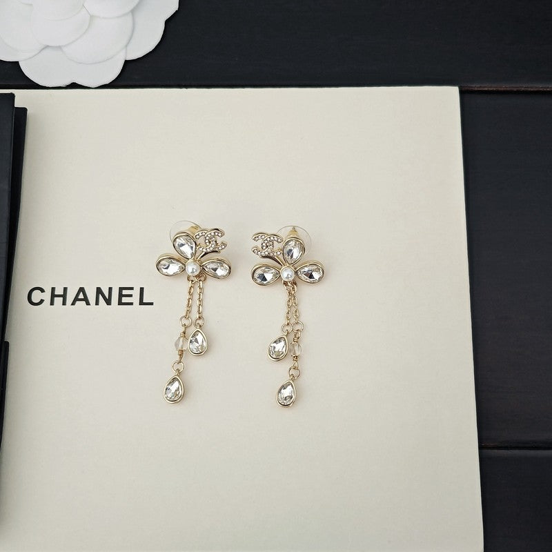 18K Chanel Crystal Gold Pendant Earrings