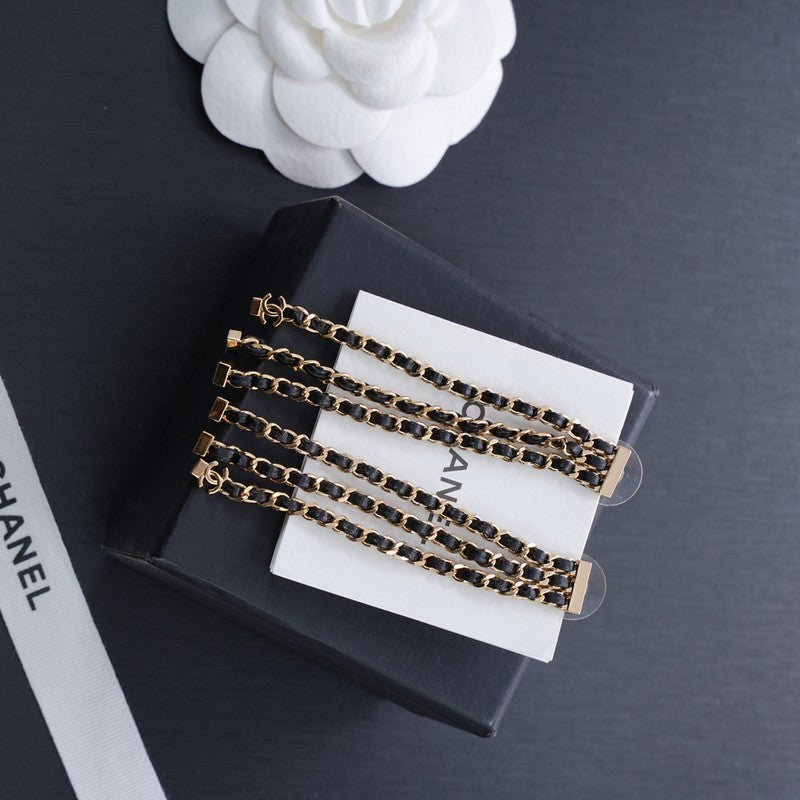 18K Chanel Black Leather Chain Gold Earrings
