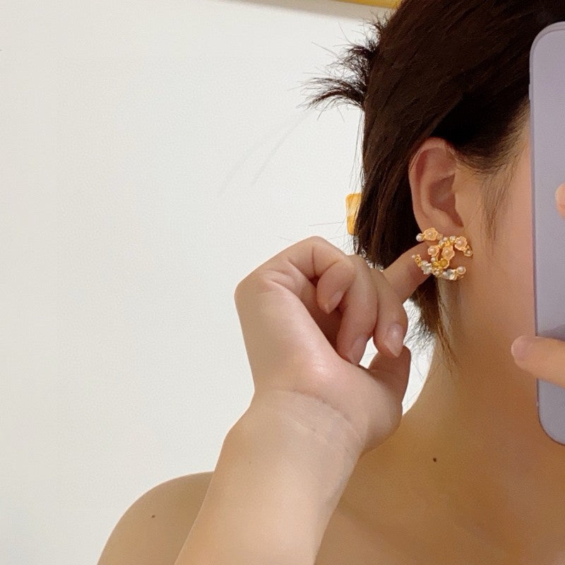 18K Chanel Pink Camellia Pearl & Gold Earrings