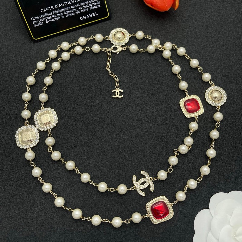 18K Chanel Red Crystal Pearl Long Necklace