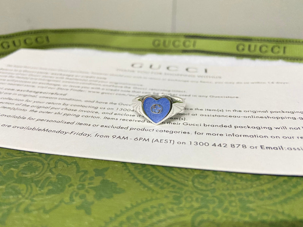 Gucci Interlocking G Blue Enamel Heart Ring