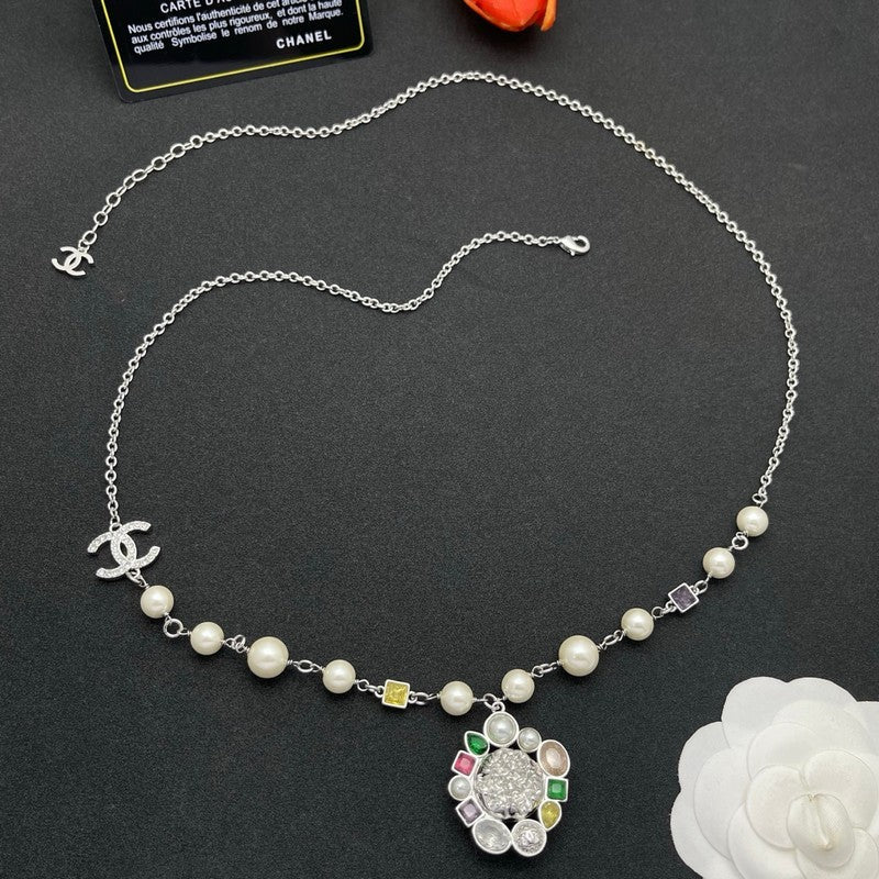 18K Chanel Color Crystal Pearl Chain Necklace