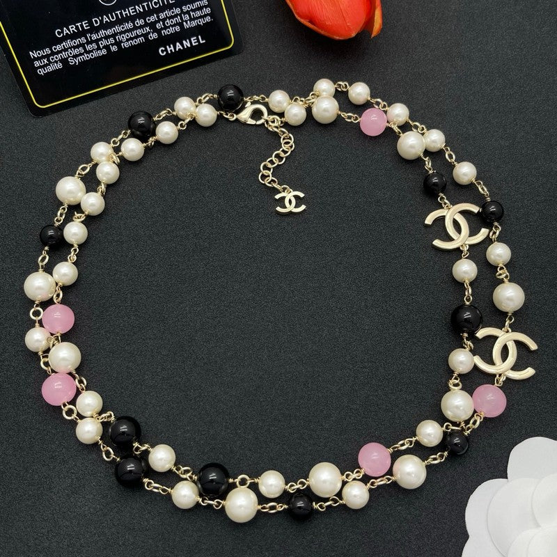 18K Chanel Black & Pink Bead Long Necklace