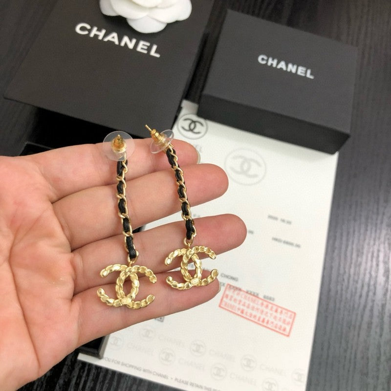 18K Chanel Leather Gold Long Earrings