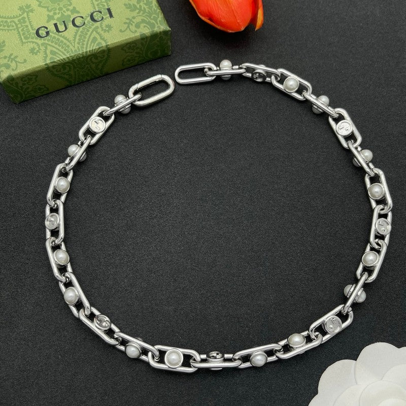 18K Gucci Gold Pearl Chain Necklace