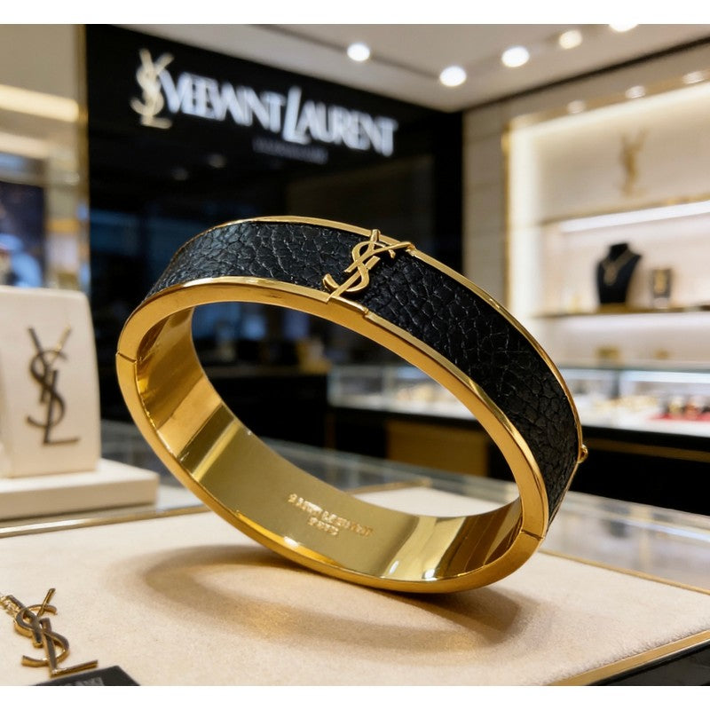 18K YSL Black Leather Gold Bracelet
