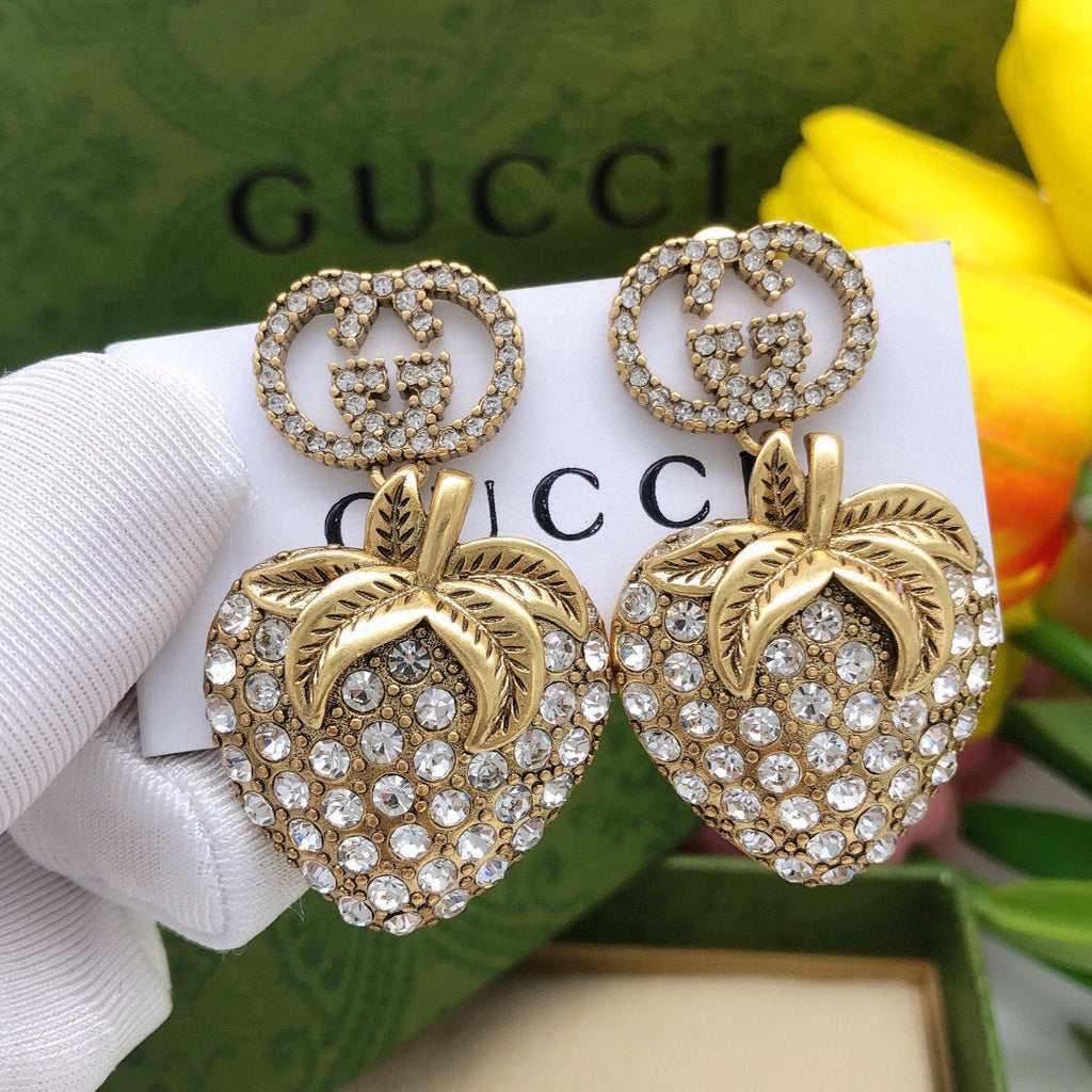 18K Gucci Crystal Strawberry Pendant Earrings